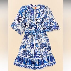 FARM Rio Blue and White Tiered Ruffled Sundress with Puff Sleeves